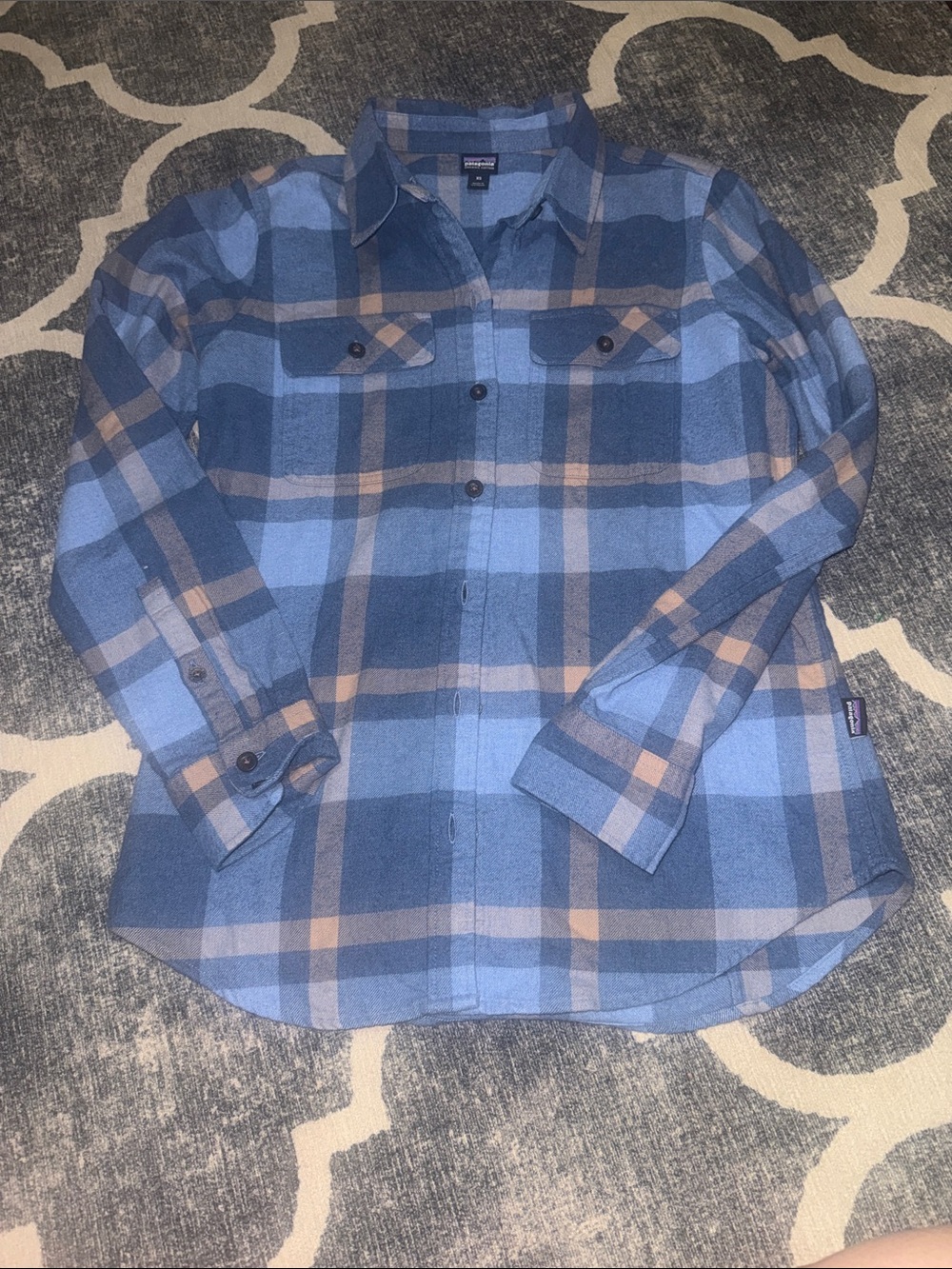 Patagonia Fjord Plaid Flannel Tan  Blue Womens Long Sleeve Button Down XS